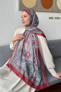 Lamelif Retro Desen Pamuk Şal Bordo