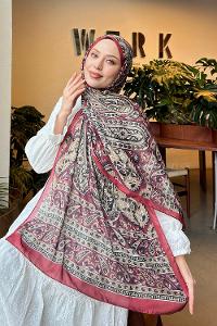 Lamelif Retro Desen Pamuk Şal Bordo