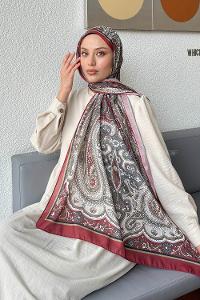 Lamelif Retro Desen Pamuk Şal Bordo