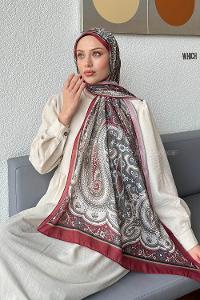 Lamelif Retro Desen Pamuk Şal Bordo