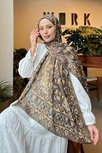 Lamelif Retro Desen Soft Şal Asker Yeşili