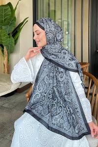 Lamelif Retro Desen Soft Şal Beyaz Siyah