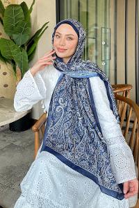 Lamelif Retro Desen Soft Şal Lacivert Bej