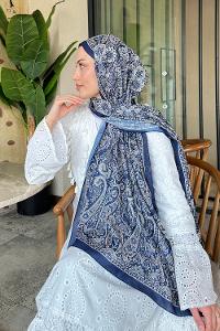 Lamelif Retro Desen Soft Şal Lacivert Bej