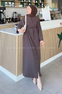 Lamelif Takma Manşet Detaylı Dabıl Tesettür Elbise Kahverengi