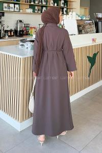 Lamelif Takma Manşet Detaylı Dabıl Tesettür Elbise Kahverengi