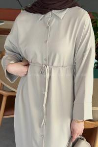 Lamelif Takma Manşet Detaylı Dabıl Tesettür Elbise Taş Rengi