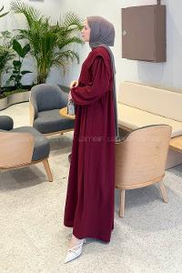Lamelif Balon Kol Bağcıklı Tesettür Elbise Bordo