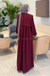 Lamelif Balon Kol Bağcıklı Tesettür Elbise Bordo