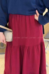Lamelif Bel Lastikli Fırfırlı Müslin Kumaş Tesettür Etek Bordo