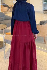 Lamelif Bel Lastikli Fırfırlı Müslin Kumaş Tesettür Etek Bordo