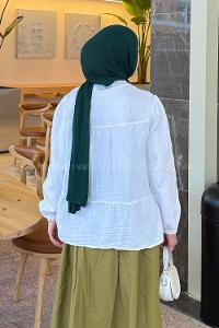 Lamelif V Yaka Kolları Lastikli Müslin Tesettür Gömlek Beyaz