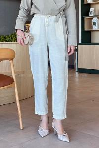 Ecru Linen Elastic Waist Comfortable Pants