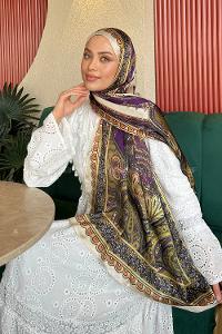 Lamelif  İthal İpeksi Vual Retro Desen Şal Bej Yeşil