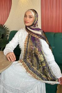 Lamelif  İthal İpeksi Vual Retro Desen Şal Bej Yeşil