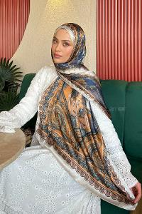 Lamelif  İthal İpeksi Vual Retro Desen Şal Ekru Tarçın