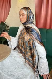 Lamelif  İthal İpeksi Vual Retro Desen Şal Ekru Tarçın