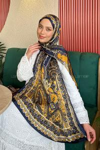 Lamelif  İthal İpeksi Vual Retro Desen Şal Lacivert Gold