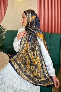 Lamelif  İthal İpeksi Vual Retro Desen Şal Lacivert Gold