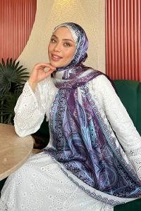 Lamelif  İthal İpeksi Vual Retro Desen Şal Mavi Lila
