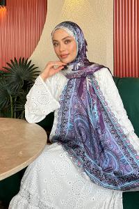 Lamelif  İthal İpeksi Vual Retro Desen Şal Mavi Lila