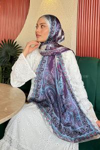 Lamelif  İthal İpeksi Vual Retro Desen Şal Mavi Lila