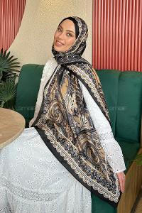Lamelif  İthal İpeksi Vual Retro Desen Şal Siyah Camel