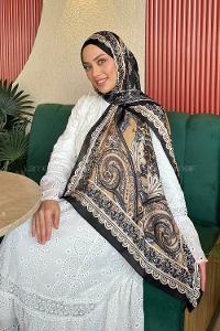 Lamelif  İthal İpeksi Vual Retro Desen Şal Siyah Camel