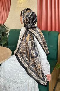 Lamelif  İthal İpeksi Vual Retro Desen Şal Siyah Camel