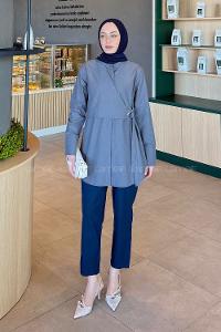 Anthracite Mandarin Collar Cotton Unprinted Tunic