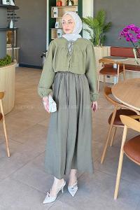 Lamelif V Yaka Kolları Lastikli Müslin Tesettür Gömlek Haki