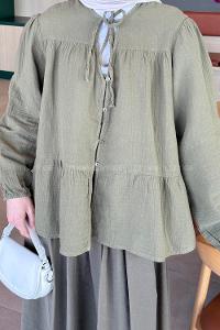 Lamelif V Yaka Kolları Lastikli Müslin Tesettür Gömlek Haki