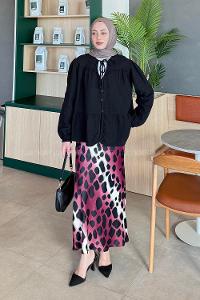 Lamelif V Yaka Kolları Lastikli Müslin Tesettür Gömlek Siyah