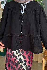 Lamelif V Yaka Kolları Lastikli Müslin Tesettür Gömlek Siyah