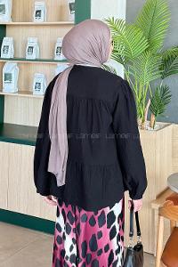 Lamelif V Yaka Kolları Lastikli Müslin Tesettür Gömlek Siyah