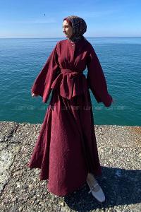 Claret Red Medium Crew Neck Long Arm Cotton Skirt Suit