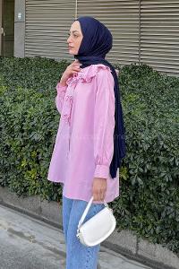 Lamelif Bebe Yaka Fiyonk Detaylı Tesettür Gömlek Pembe