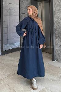 Navy Blue Loose Crew Neck Linen Dresess