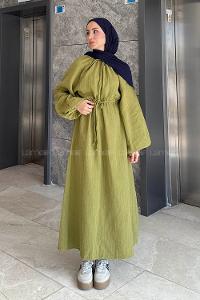 Lamelif Balon Kol Bağlamalı Tesettür Elbise Yağ Yeşili