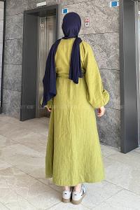 Lamelif Balon Kol Bağlamalı Tesettür Elbise Yağ Yeşili