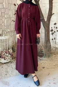 Lamelif Ön Düğme Kapama Tesettür Elbise Bordo