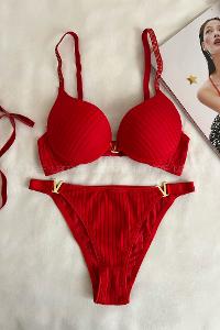 Lamelif Fitilli Destekli Sütyen Takım Kırmızı Renk