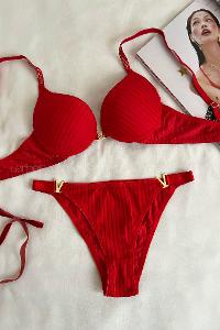 Lamelif Fitilli Destekli Sütyen Takım Kırmızı Renk