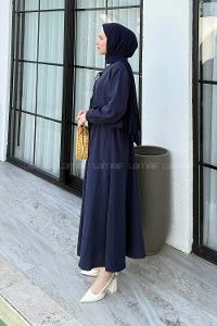 Lamelif Ön Çift Bağcık Detaylı Kısa Kimono Etek Tesettür Takım Lacivert