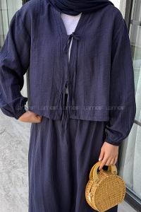 Lamelif Ön Çift Bağcık Detaylı Kısa Kimono Etek Tesettür Takım Lacivert