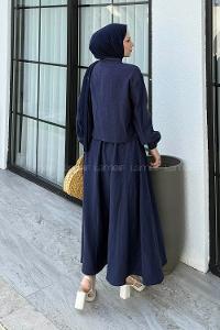 Lamelif Ön Çift Bağcık Detaylı Kısa Kimono Etek Tesettür Takım Lacivert