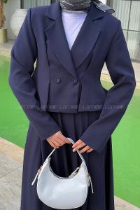 Lamelif Pileli Etek-Kruvaze Ceketli İkili Takım Lacivert