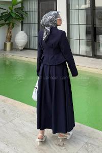 Lamelif Pileli Etek-Kruvaze Ceketli İkili Takım Lacivert