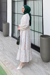 Lamelif Renkli Brode Detaylı Uzun Tesettür Elbise Beyaz