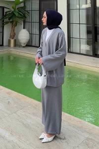 Lamelif Bağlama Detaylı Kimono Tesettür Takım Gri